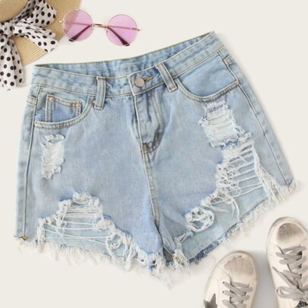 Raw Hem Stitch Detail Ripped Denim Shorts